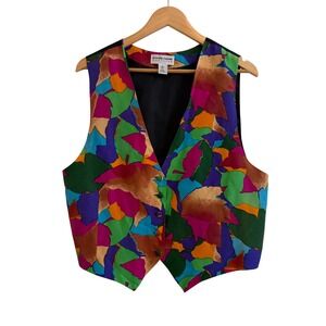 Vintage CAROL HORN WORKSHOP 100% Silk Abstract Leaf Print Button Front Vest‎ L